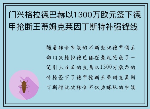 门兴格拉德巴赫以1300万欧元签下德甲抢断王蒂姆克莱因丁斯特补强锋线