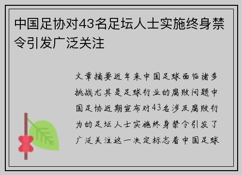 中国足协对43名足坛人士实施终身禁令引发广泛关注 中国足协对43名足坛人士实施终身禁令引发广泛关注